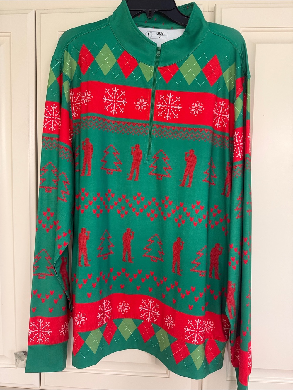 USAG Men's Green & Red Holiday 1/4 Zip Sweater - XL